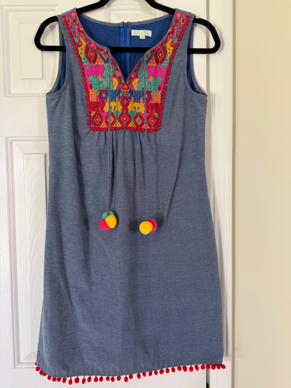 Boho Shift Dress With Vibrant Embroidered Oaxaca Bib Pom Pom Size XS